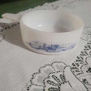 Currier & Ives White and Blue Milk Glass Soup Or Casserole Dish